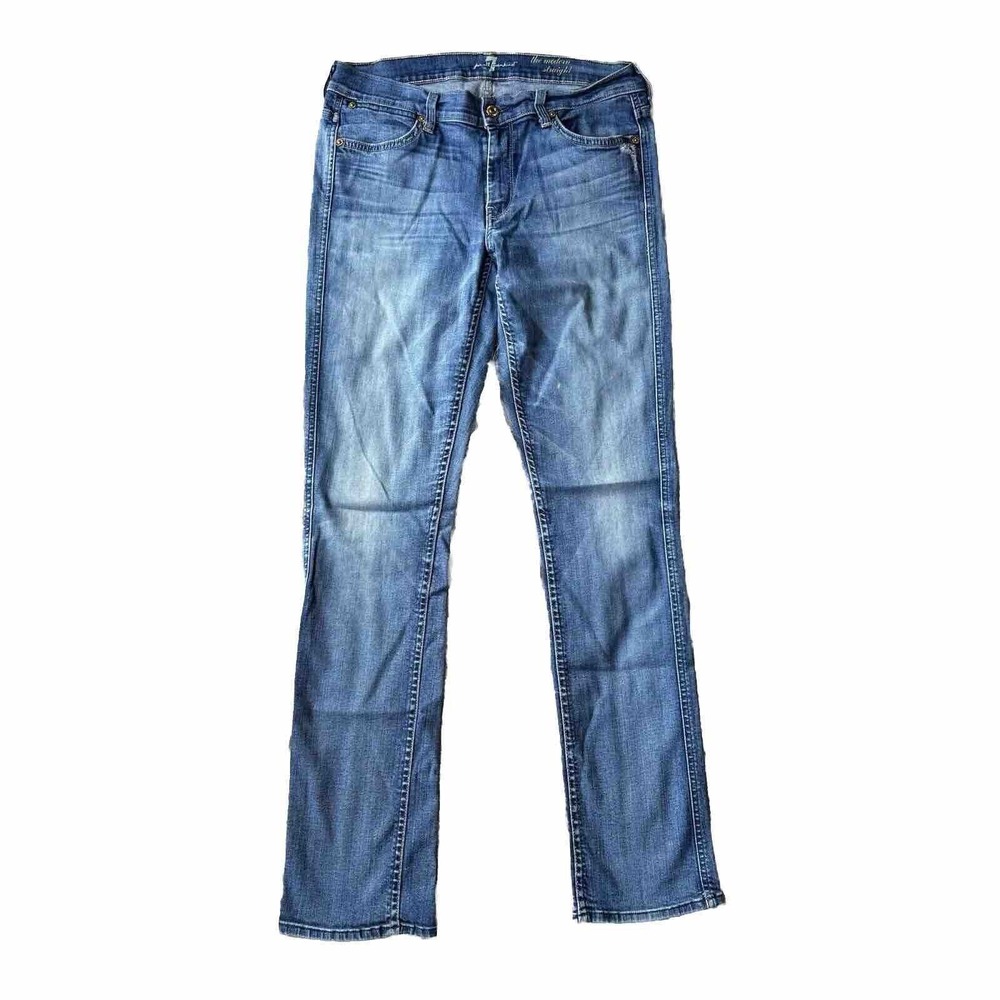 7 For All Mankind Jeans Sz 31 Straight Leg Mid Rise Wash Blue Denim Pants Womens